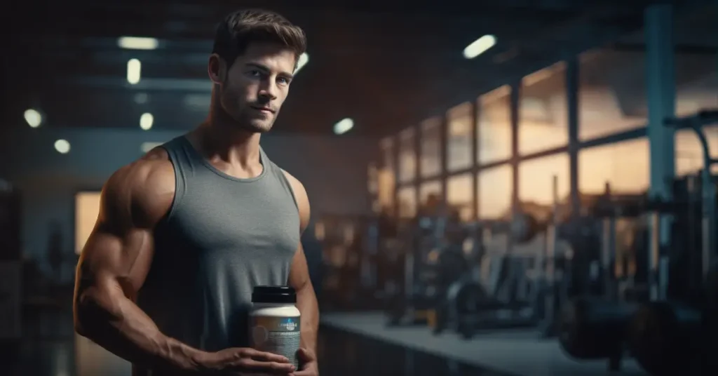 man taking pre workout with different ingredients in gym