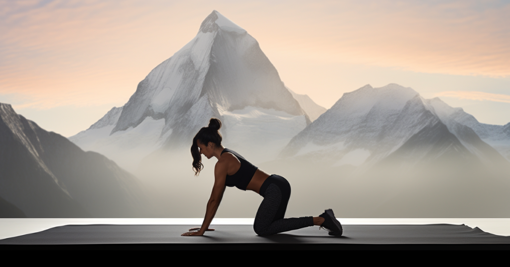 woman doing mountain climber exercise on mat in front of panorama