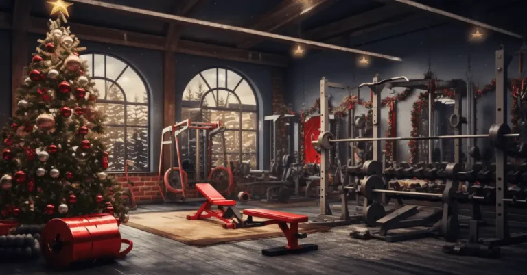 12 Days Of Christmas CrossFit Workout 2024 (Get In Shape Fast!) 15 gym filled with crossfit christmas stuff like a christmas tree and weight discs