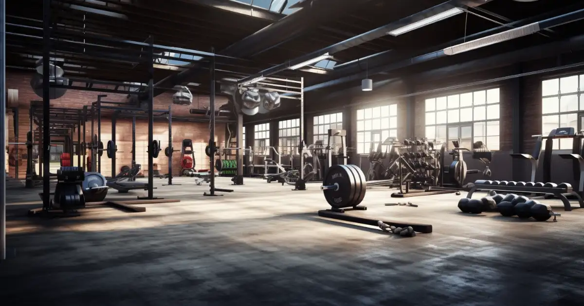 gym prepared with barbells and weight discs for crossfit back workouts