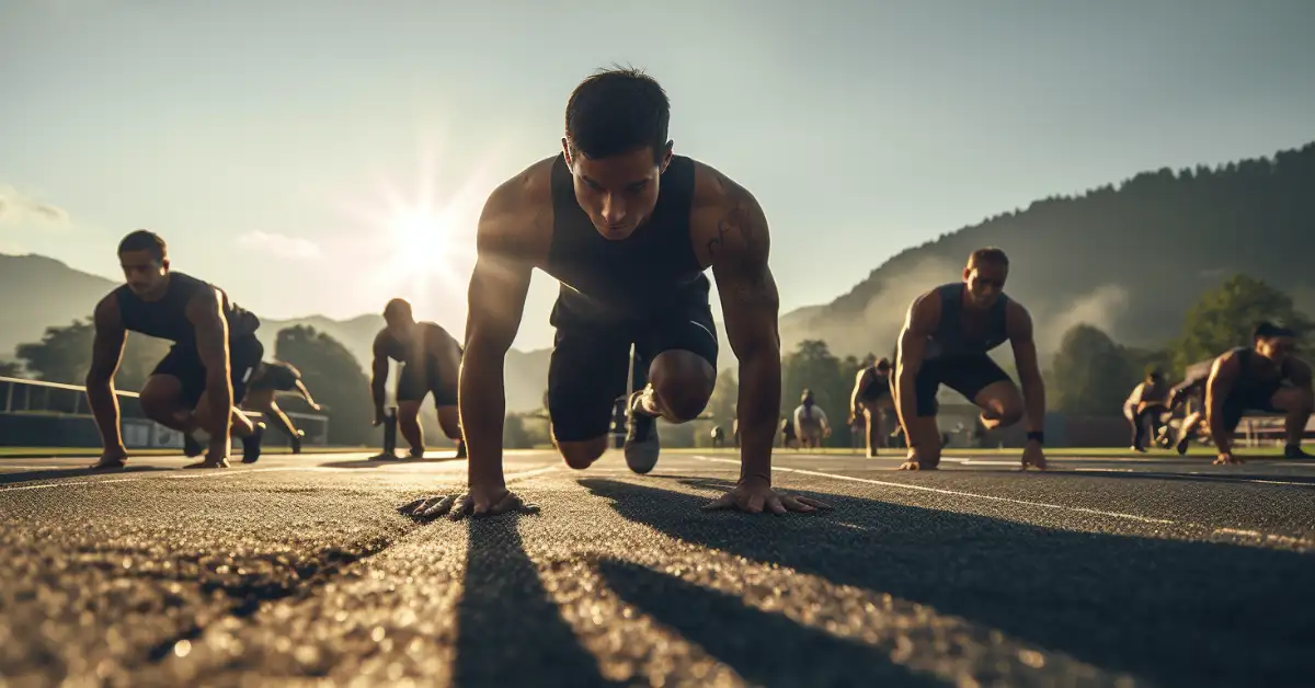 man doing push up in track workouts on track together with other athletes