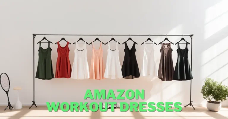 amazon workout dresses hanging on a rack in front of white wall ready to be worn