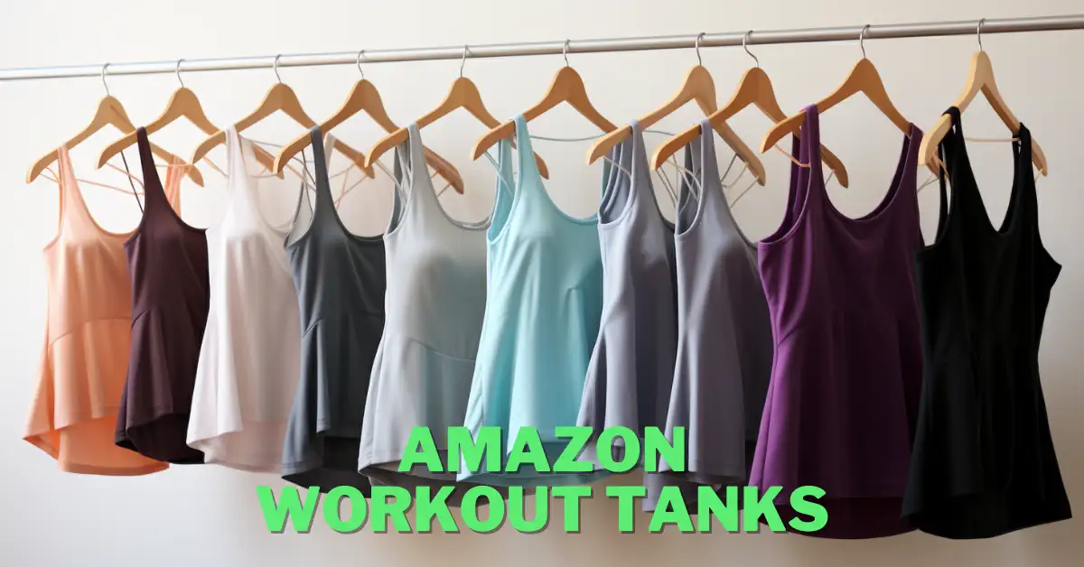 Amazon workout tanks hanging on a rack in front of white wall