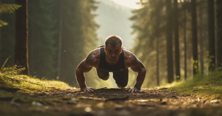 man doing bodyweight workout in the forest including push ups