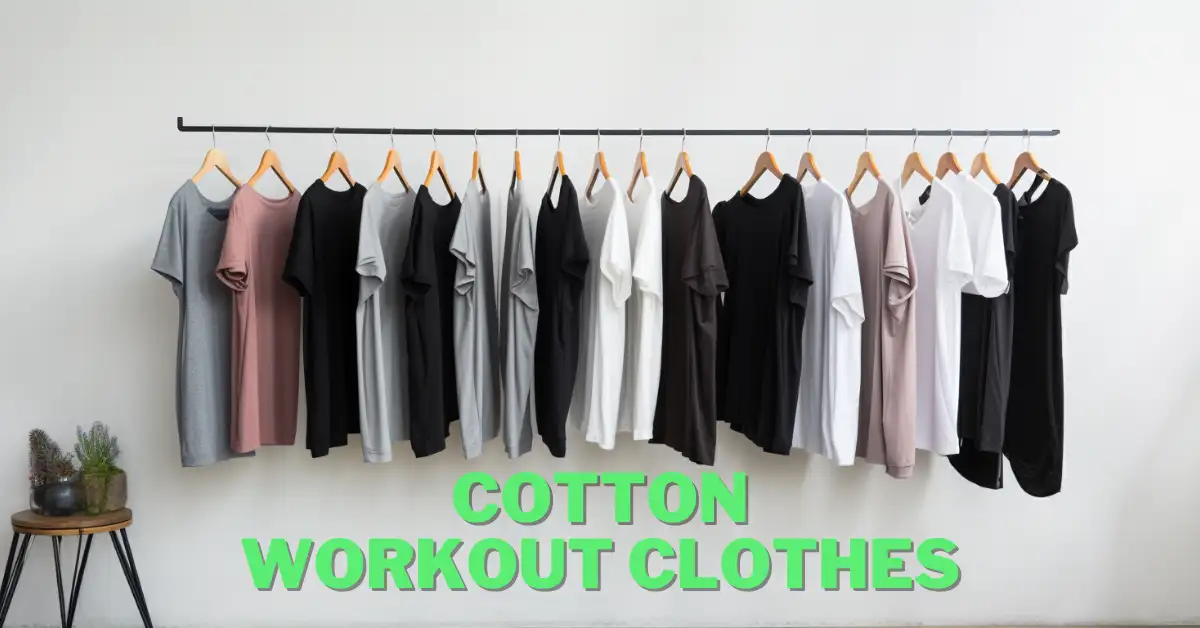 cotton workout clothes hanging on a rack in front of white wall in smooth light