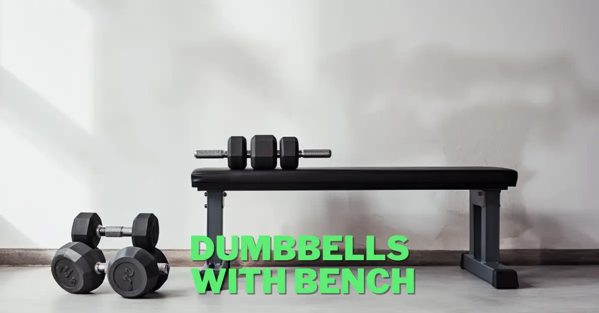 dumbbells with bench in front of white wall in smooth studio light