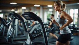woman on her way to a treadmill in the gym to work on her full body endurance