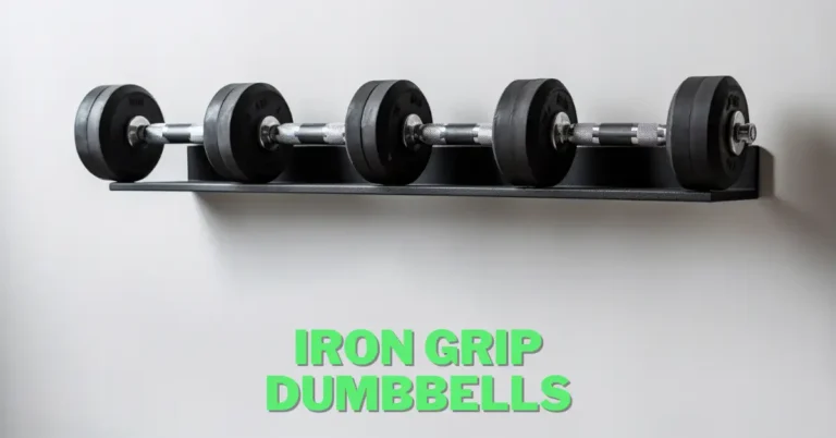 iron grip dumbbells laying on a shelf in front of white wall ready for workout