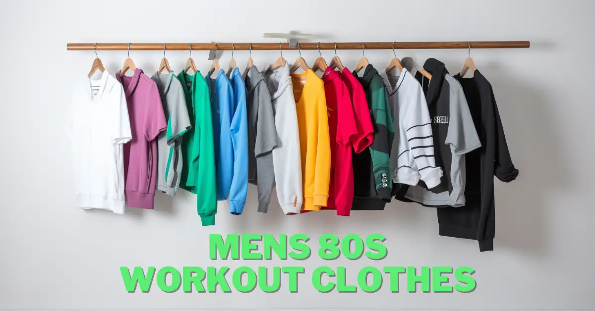 mens 80s workout clothes hanging on a rack in front of white wall