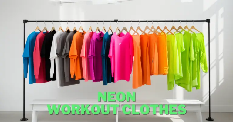 neon workout clothes hanging on a rack in front of white wall ready to be used for a workout