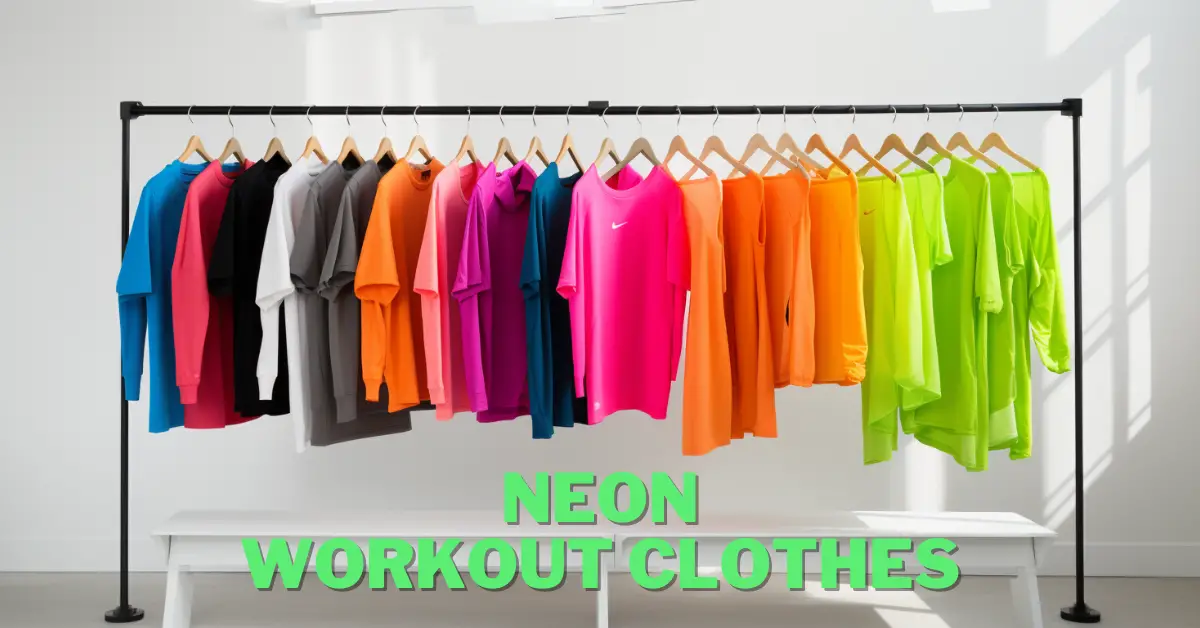 neon workout clothes hanging on a rack in front of white wall ready to be used for a workout