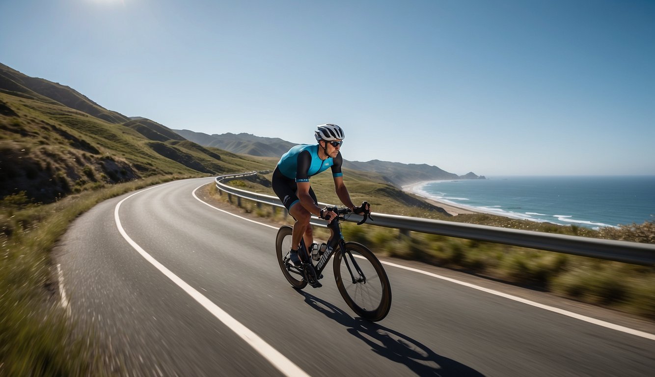 A triathlete cycling along a scenic coastal road, with a backdrop of rolling hills and a clear blue sky