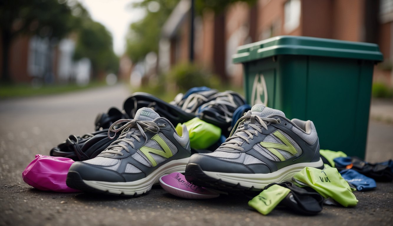 A pile of old running shoes sits next to a recycling bin, with a sign indicating a shoe donation drop-off point