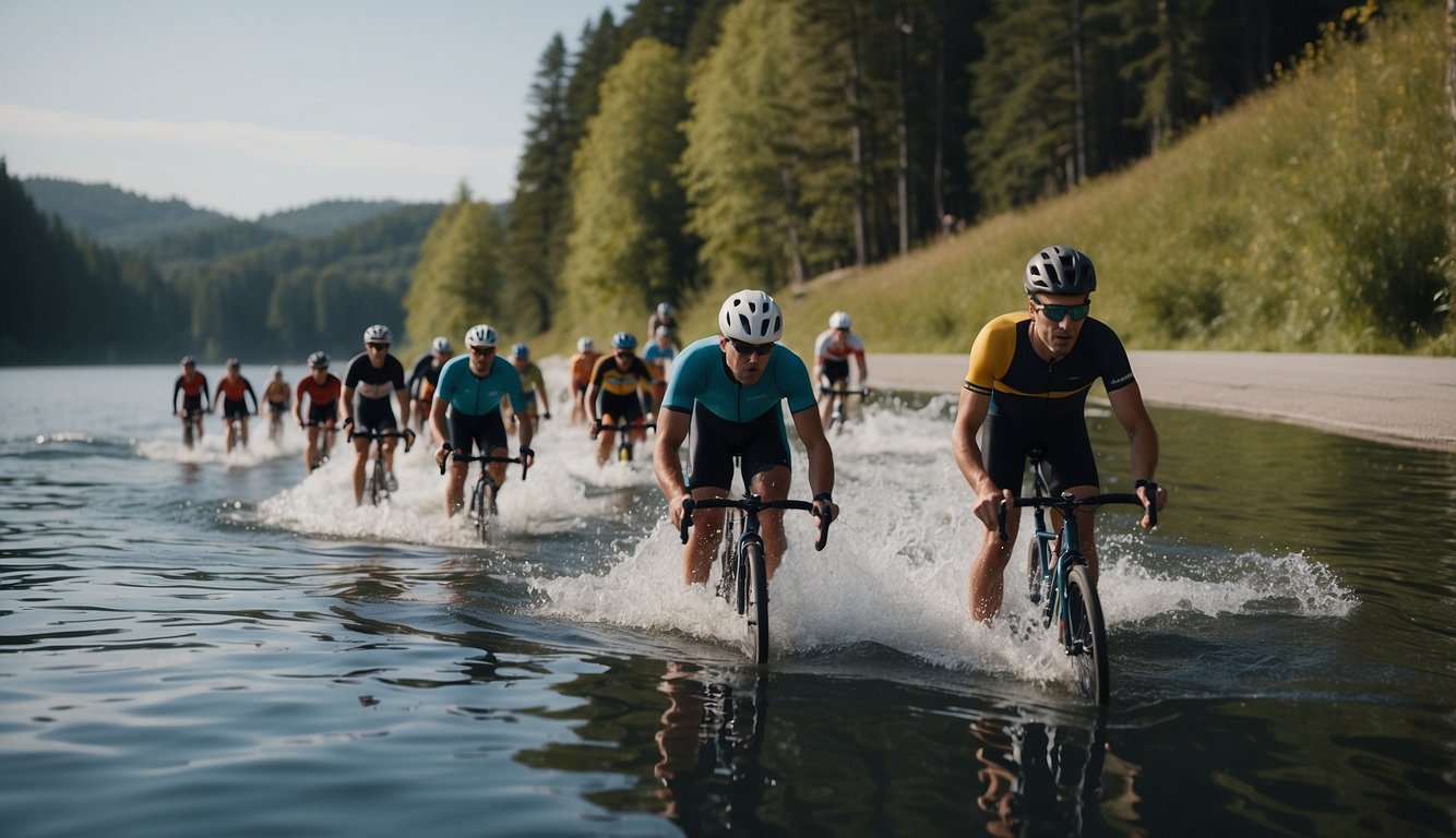 Carolina Triathlon 2024: Get Ready For Your Race Experience! 2 Swimmers dive into a calm lake, while cyclists speed through winding roads, and runners conquer a challenging trail