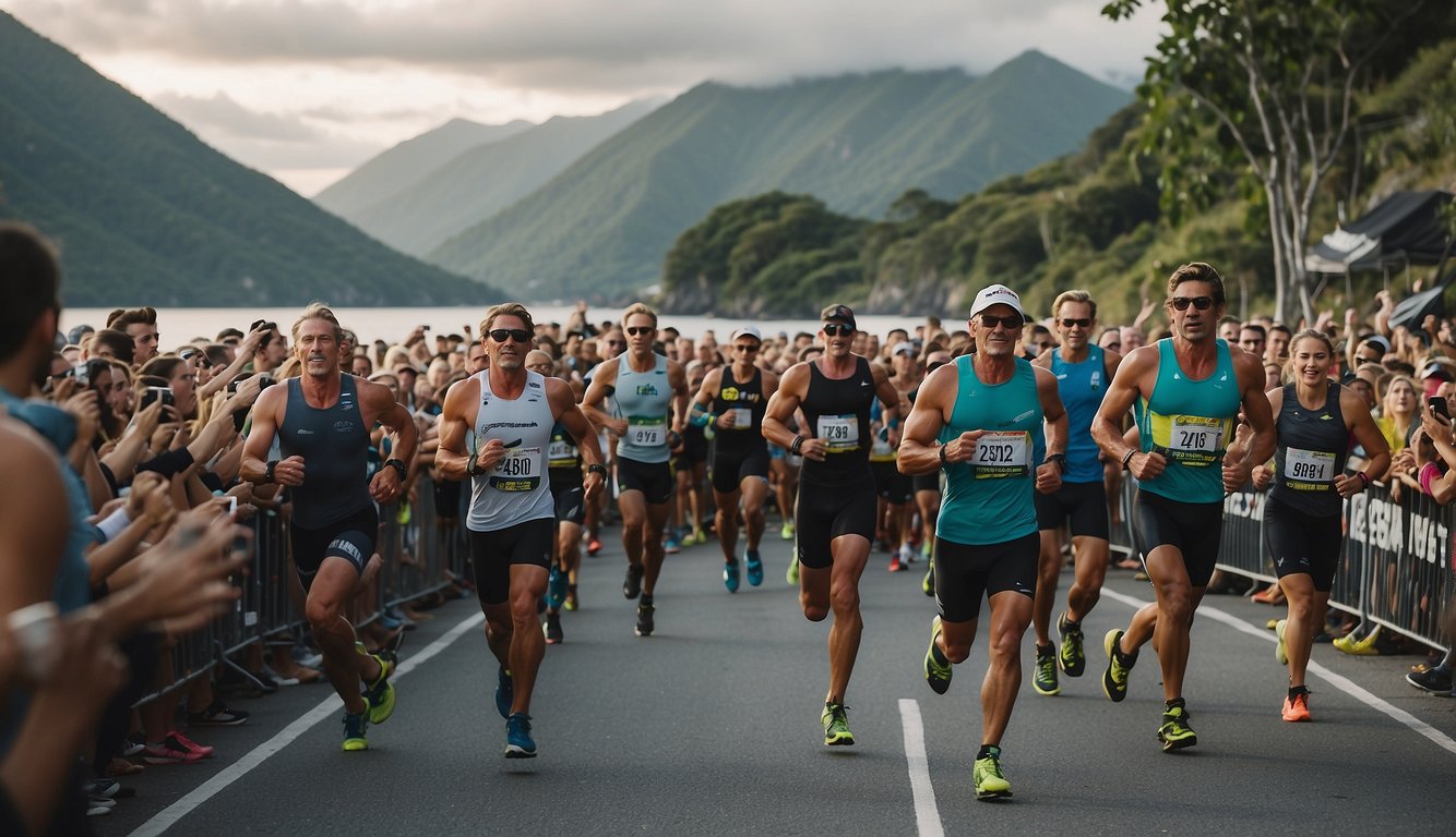 A group of athletes start the Ironman run, surrounded by cheering spectators and a scenic backdrop of mountains and ocean