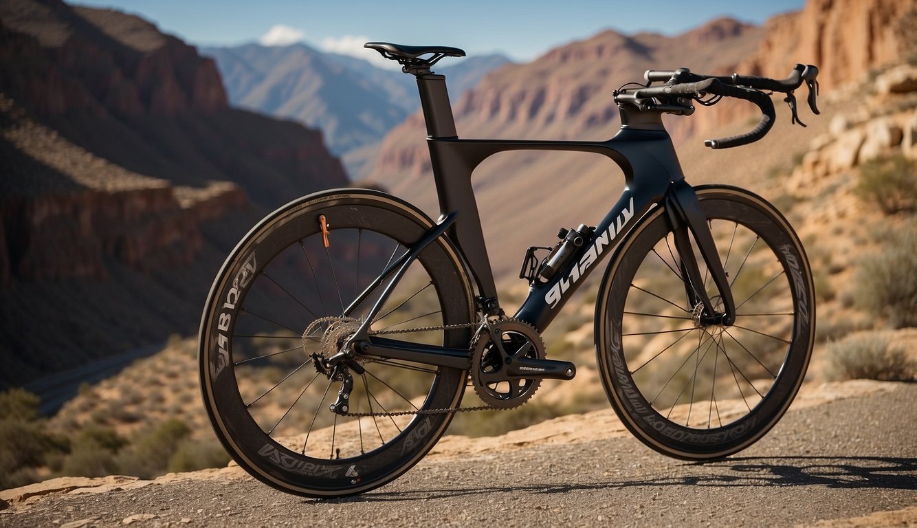 A sleek Canyon Speedmax triathlon bike is displayed against a backdrop of a rugged canyon landscape, showcasing its aerodynamic design and high-performance features