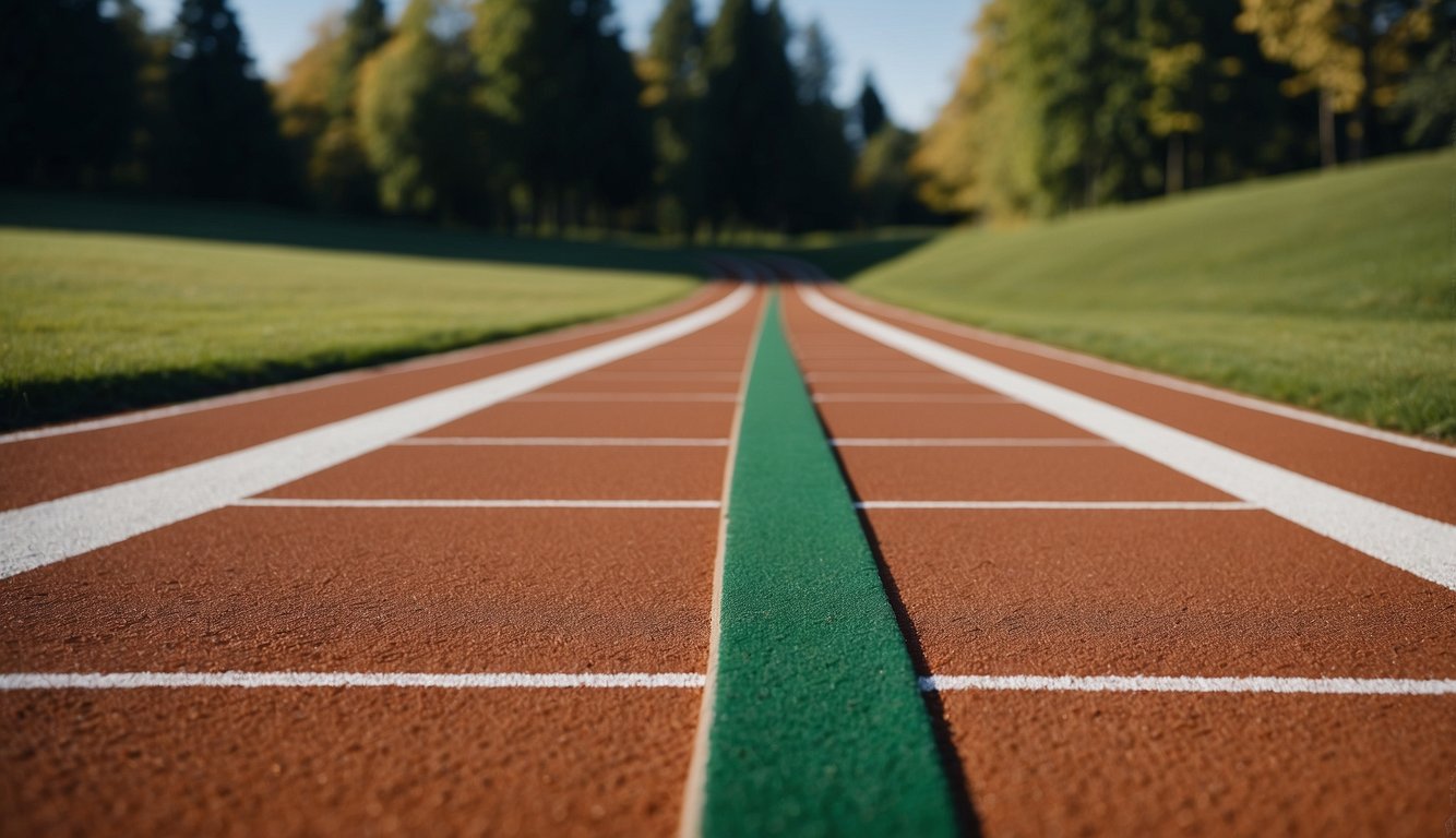 What are running tracks made of? A running track made of synthetic rubber and polyurethane, with white lines marking the lanes. The track curves gently around a green field, with a backdrop of trees and a clear blue sky
