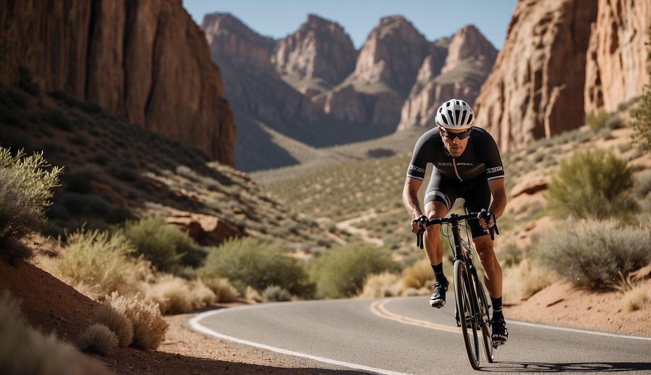A sleek triathlon bike speeds through a rugged canyon landscape, with towering rock formations and winding trails