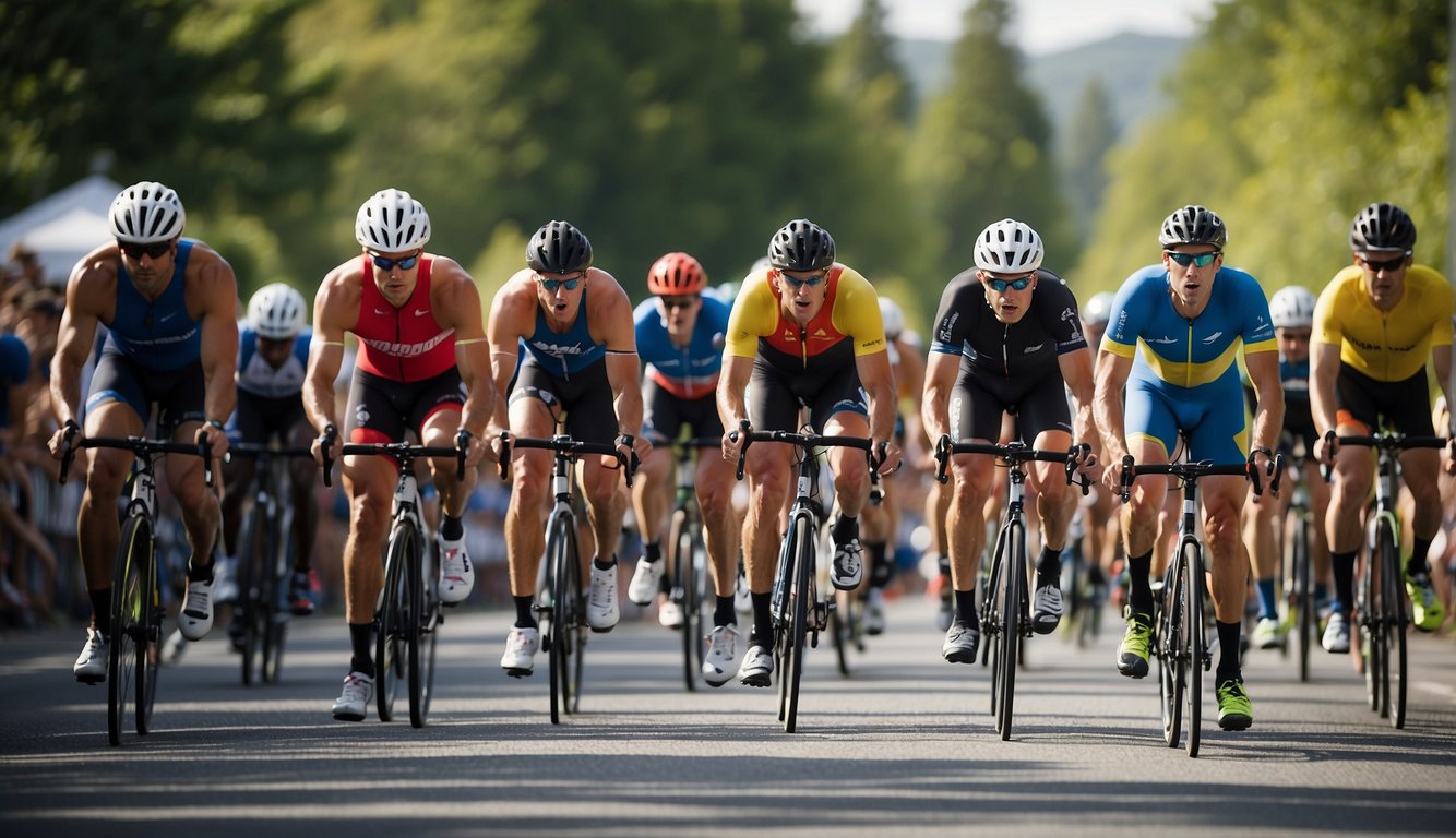 USA Triathlon Rankings: Discover the Top Athletes of 2024! 2 Athletes racing in a triathlon, swimming, biking, and running through a scenic course with spectators cheering along the route
