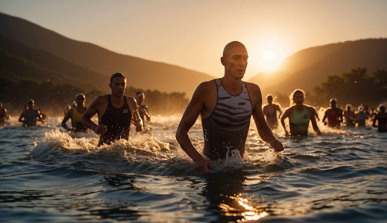 Mini Triathlon Training 2024: Your Guide to Conquering the Challenge! 4 Mini Triathlon Training: A swimmer enters the water, followed by cyclists and runners. The sun rises over the horizon, casting a warm glow on the participants