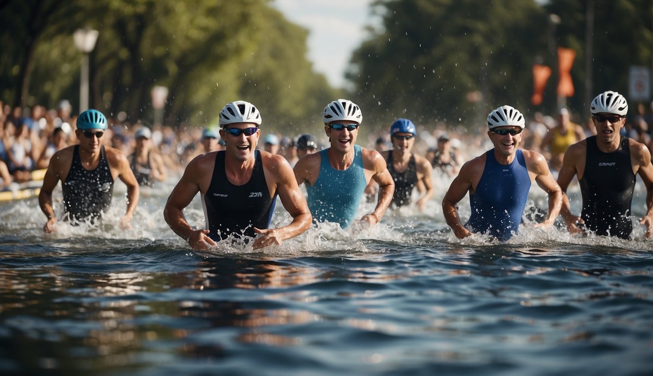 Mini Triathlon Training 2024: Your Guide to Conquering the Challenge! 2 Athletes swim, bike, and run in a mini triathlon. Water splashes as swimmers dive in, bikes whiz by, and runners push to the finish