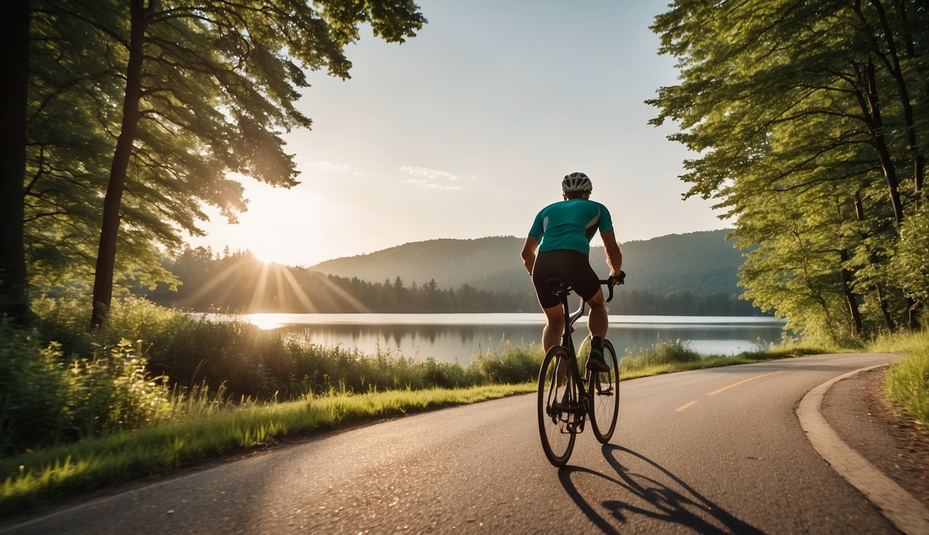 Mini Triathlon Training 2024: Your Guide to Conquering the Challenge! 3 A cyclist pedals along a winding road, passing a calm lake and lush green trees, while a runner jogs on a path beside them. The sun is shining, and the atmosphere is filled with determination and excitement
