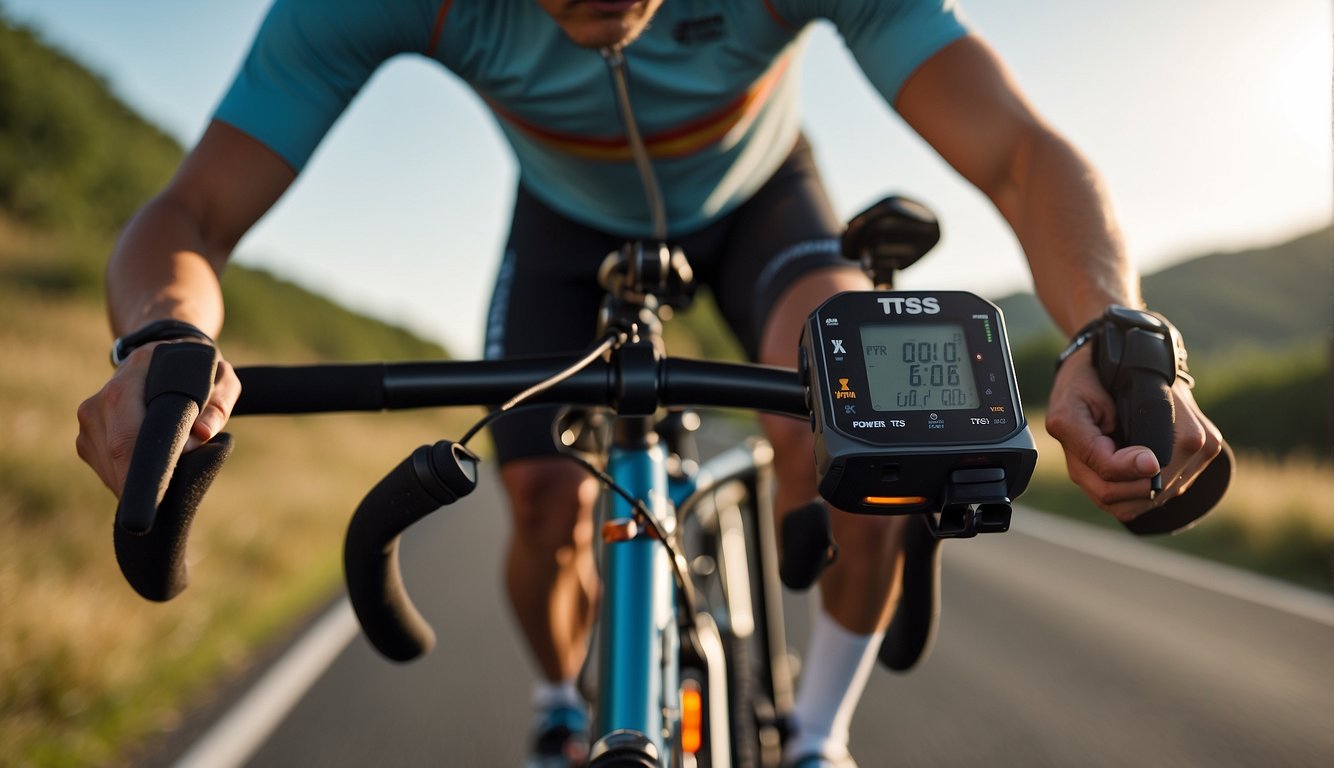 What Is TSS in Cycling? The Secrets of Stress Score in 2024! 2 A cyclist riding on a road with a power meter displaying "TSS" on a bike computer