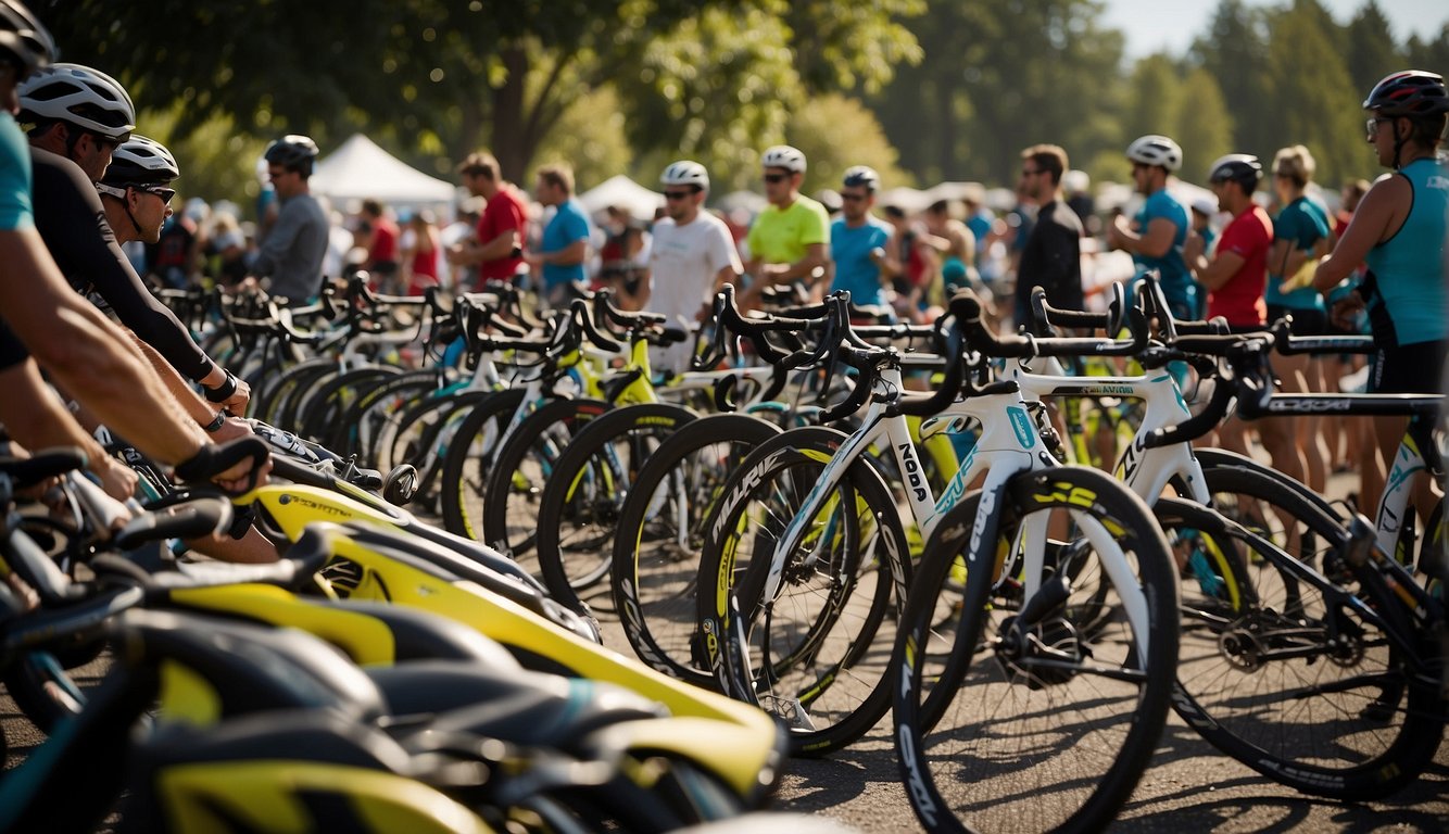 June Lake Triathlon 2024: Your Best Guide to Crushing It! 3 Athletes setting up transition area for June Jake Triathlon. Bikes lined up, gear organized, and excitement in the air