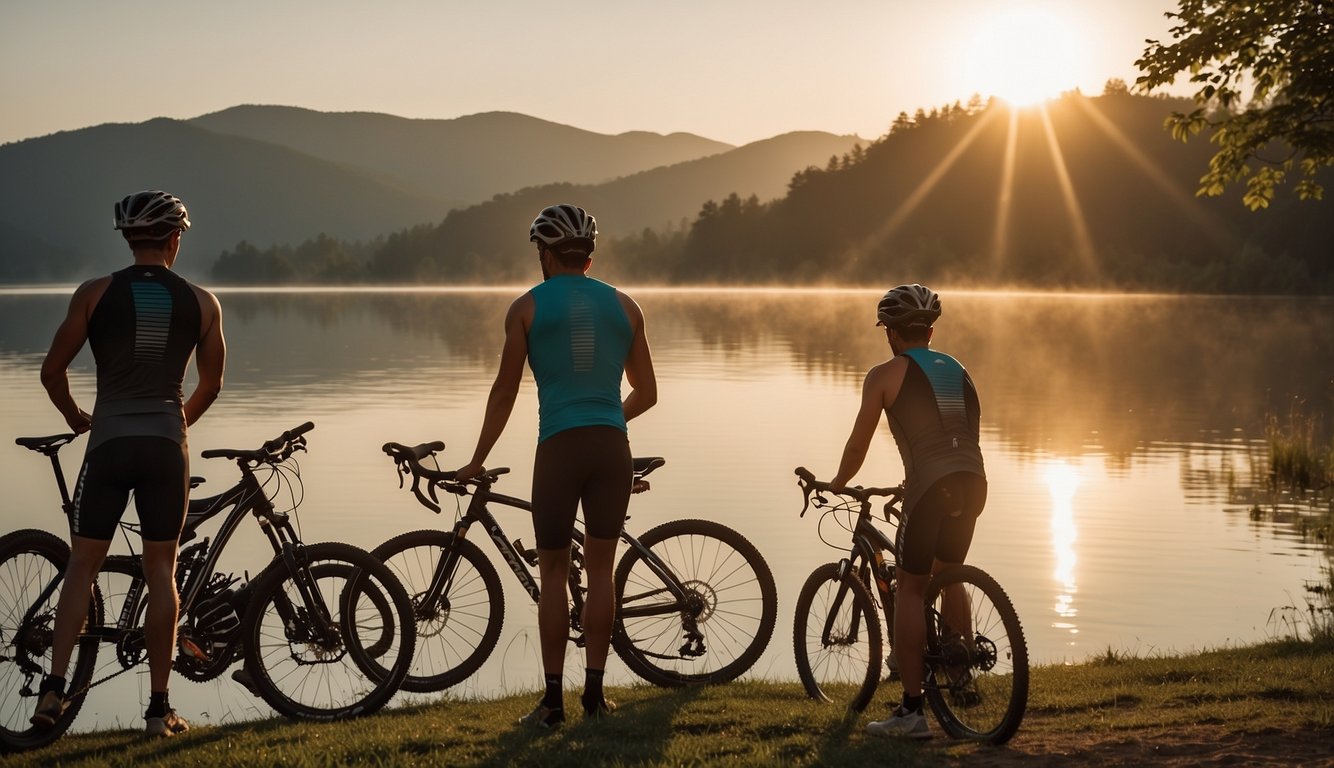 Omaha Triathlon 2024: Your Guide For An Amazing Race Day! 4 Athletes prepare at dawn by the calm waters of a lake, bikes lined up, and the sun rising in the distance