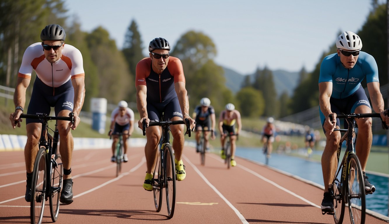 Beginner Triathlon Training Plan: A swimmer, cyclist, and runner follow a beginner triathlon plan, practicing in a pool, on a bike, and on a track