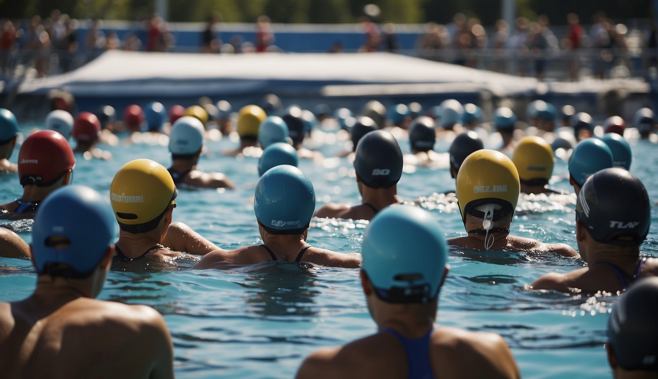 A swimmer enters the water, surrounded by other athletes. Bikes are lined up in transition area. Runners stretch and warm up nearby