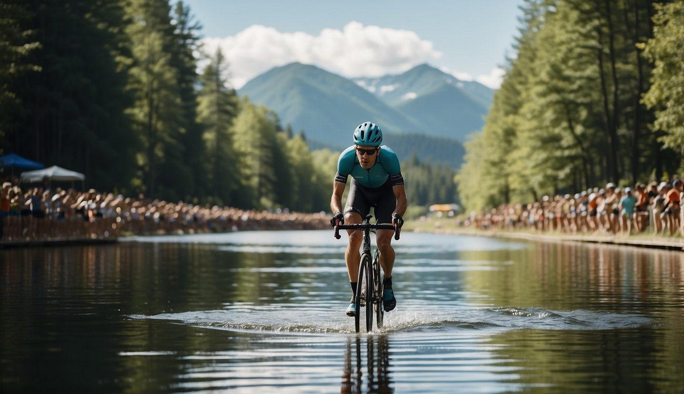How Long Does a Triathlon Take: Race Duration Insights 2024! 4 A cyclist races through a scenic course, followed by a swimmer in a serene lake and a runner crossing the finish line