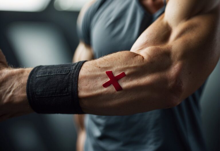 Can I Still Workout with a Torn Bicep Tendon: A torn bicep tendon, depicted through a torn tendon symbol and a person attempting to work out with a red "X" over the action