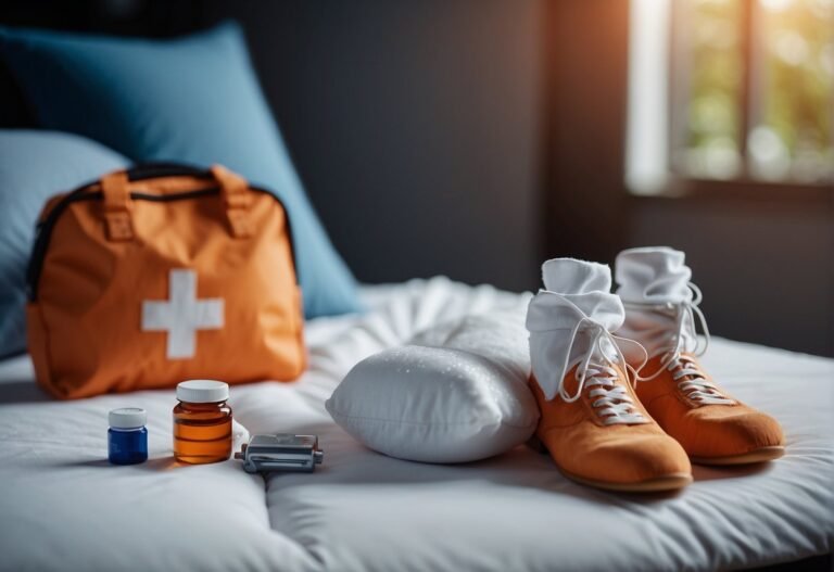 Can I Workout With a Broken Toe: A foot with a broken toe elevated on a pillow, ice pack nearby, and a first aid kit on the table