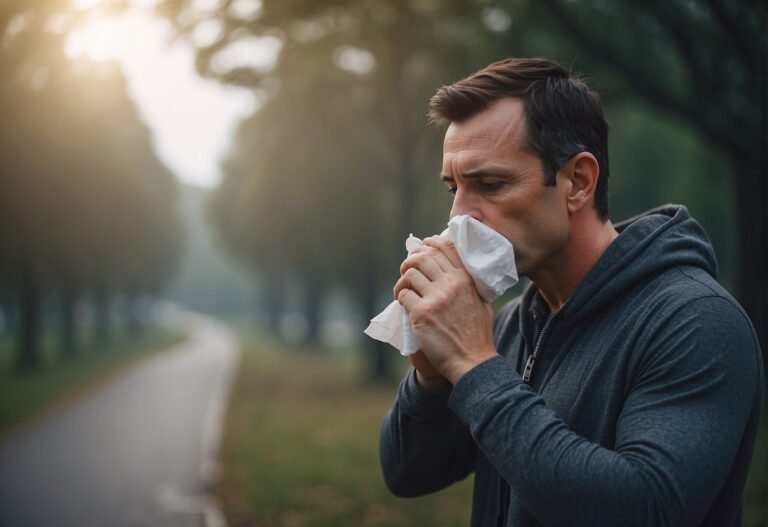 Can I Workout With a Sinus Infection 2024? Experts Explain 5 Can I Workout With a Sinus Infection: A person with a sinus infection is exercising cautiously, with a tissue in hand, while surrounded by a cloudy and hazy atmosphere