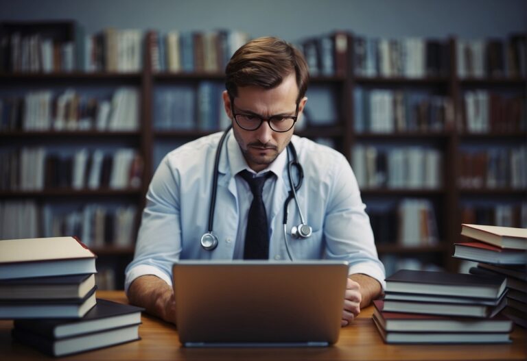 Can I Workout with Costochondritis 2024? Experts Explain 1 Can I Workout with Costochondritis: A person researching costochondritis, surrounded by medical books and a laptop, with a concerned expression
