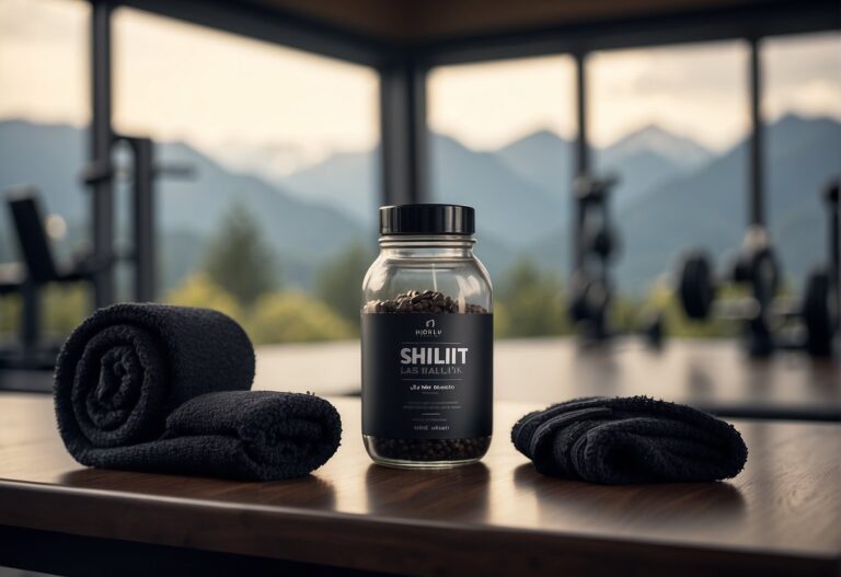 Can We Take Shilajit After Workout: A jar of shilajit sits next to a water bottle and a towel on a gym bench, with a workout area in the background