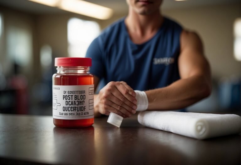 Can You Workout After Getting Blood Drawn 2024? Experts Explain 2 Can You Workout After Getting Blood Drawn: A person exercising with a bandage on their arm, a blood collection vial nearby, and a sign with "Post-Blood Draw Workout Guidelines" in the background