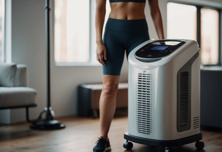 Can You Workout After Laser Hair Removal: A person in workout clothes standing next to a laser hair removal machine with a sign that says "Wait 24 hours before exercising."