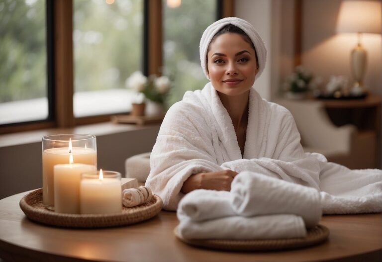 Can You Workout After a Facial 2024? Experts Explain 1 Can You Workout After a Facial: A person with a serene expression sitting in a cozy spa room, surrounded by skincare products and a towel, with a sign that says "Post-Facial Care" and a question mark