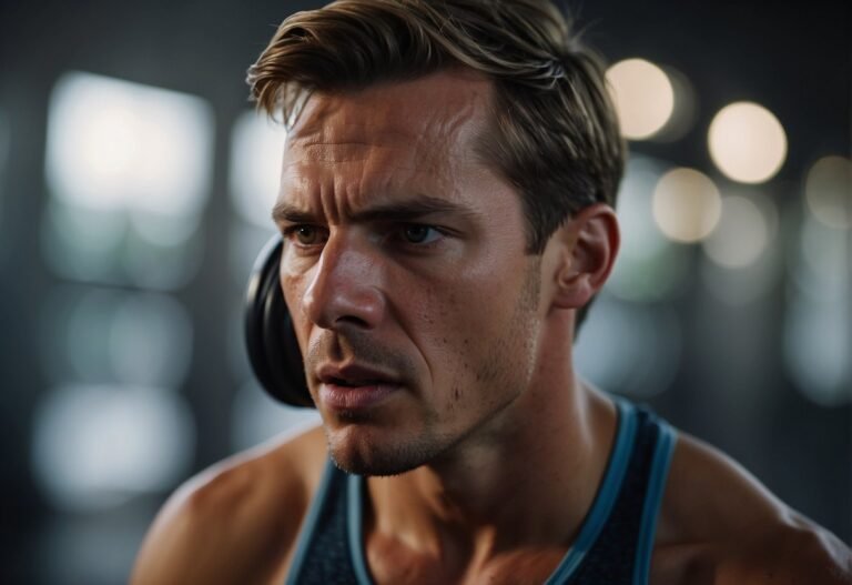 Can You Workout With an Ear Infection: A person with an ear infection pauses during a workout, holding their ear in discomfort. Sweat drips down their face as they look frustrated