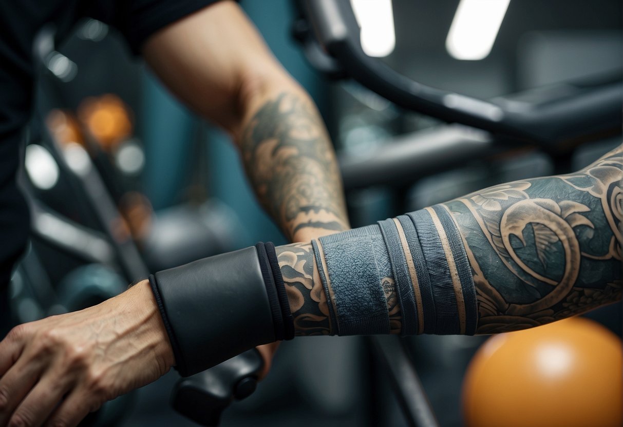 Can You Workout with Saniderm 2024? Experts Explain 1 Can You Workout with Saniderm: A tattooed arm with Saniderm wrap, surrounded by gym equipment and workout gear