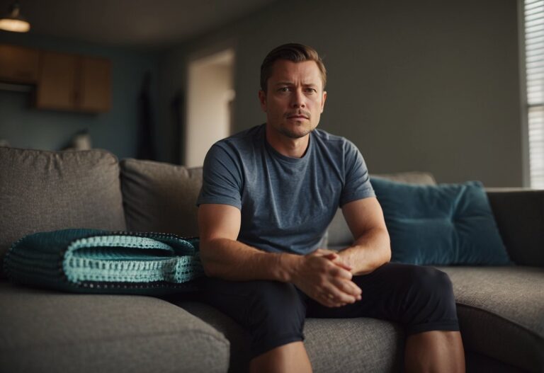 Can You Workout with Shingles 2024? Experts Explain 1 Can You Workout with Shingles: A person with shingles sits on a couch, looking frustrated. Exercise equipment sits untouched nearby