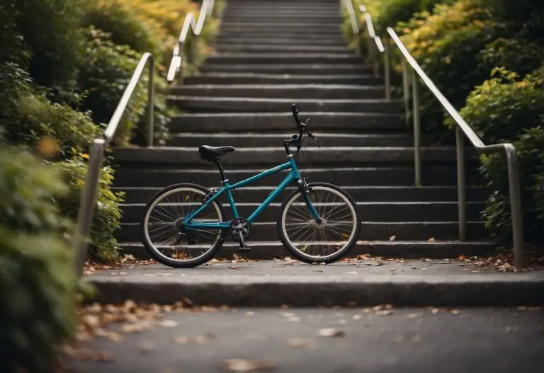 Does Cycling Count as Steps: A bicycle next to a set of stairs, with a question mark hovering above them