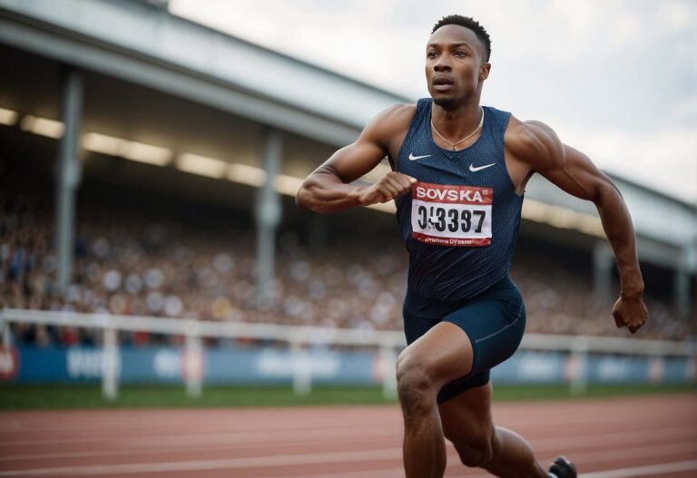 How Fast Can the Average Human Sprint: A sprinter races across a track, legs pumping and arms swinging. The finish line looms ahead, capturing the intensity and speed of the sprint