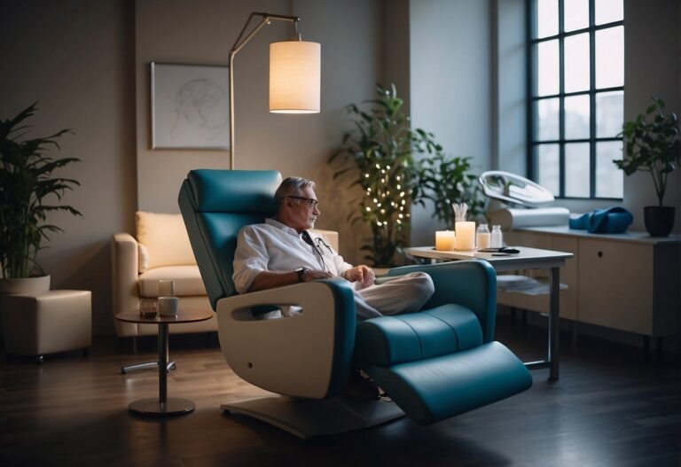 How Long After Hair Transplant Can I Workout in 2024? 1 How Long After Hair Transplant Can I Workout: A person rests in a comfortable chair, surrounded by medical equipment and supplies. The room is quiet and well-lit, creating a peaceful atmosphere for recovery
