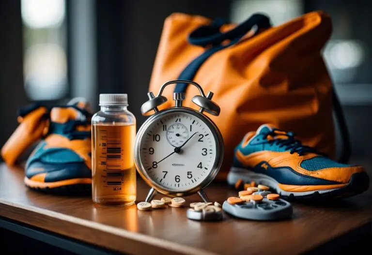 How Long After Taking Adderall Can You Workout: A bottle of Adderall next to a stopwatch, a pair of running shoes, and a gym bag