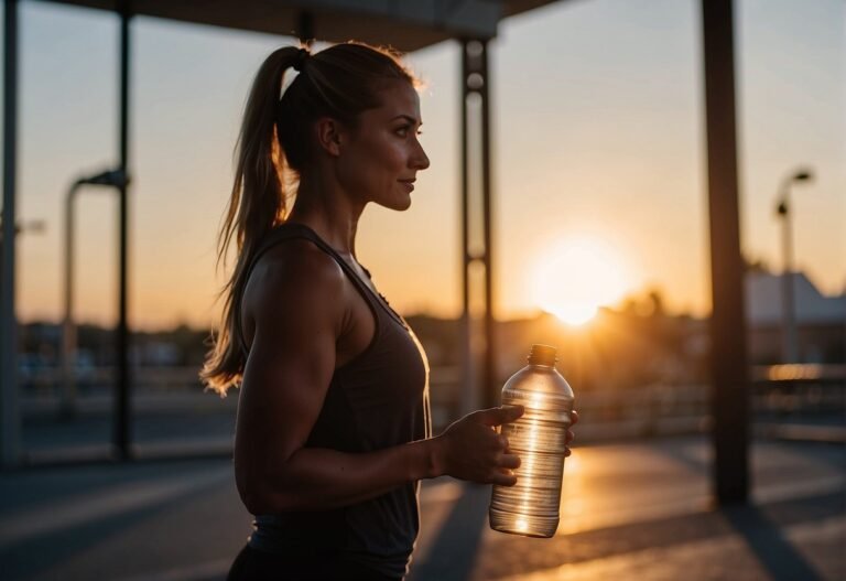 How Long After Tummy Tuck Can I Workout 2024? Surprising Insights 4 How Long After Tummy Tuck Can I Workout: A person in workout attire stands in front of a gym, holding a water bottle and stretching before entering. The sun is setting in the background, casting a warm glow over the scene