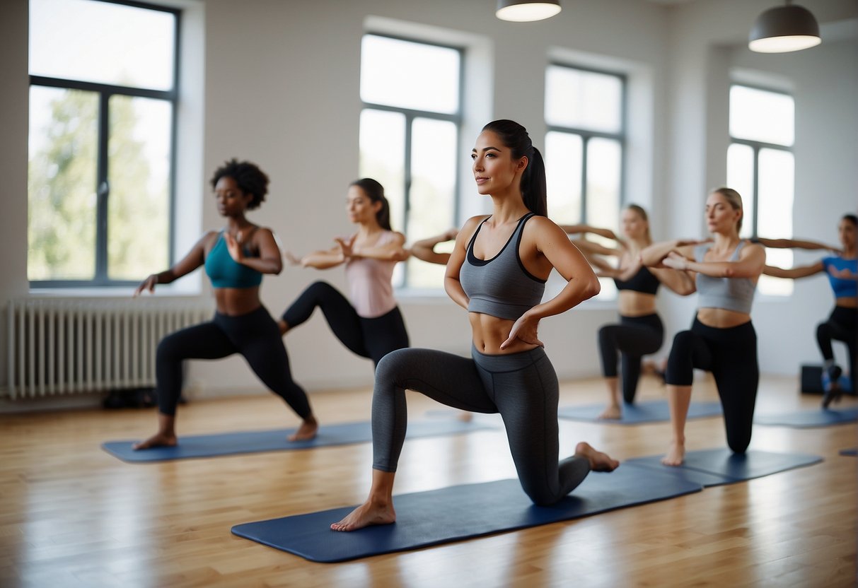How Many Calories Burn in Pilates: An instructor leads a Pilates class, demonstrating various exercises and movements. Students follow along, focusing on controlled breathing and muscle engagement