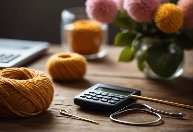 How Many Calories Burned Crocheting: A ball of yarn and a crochet hook on a table, with a small calculator showing the calories burned while crocheting